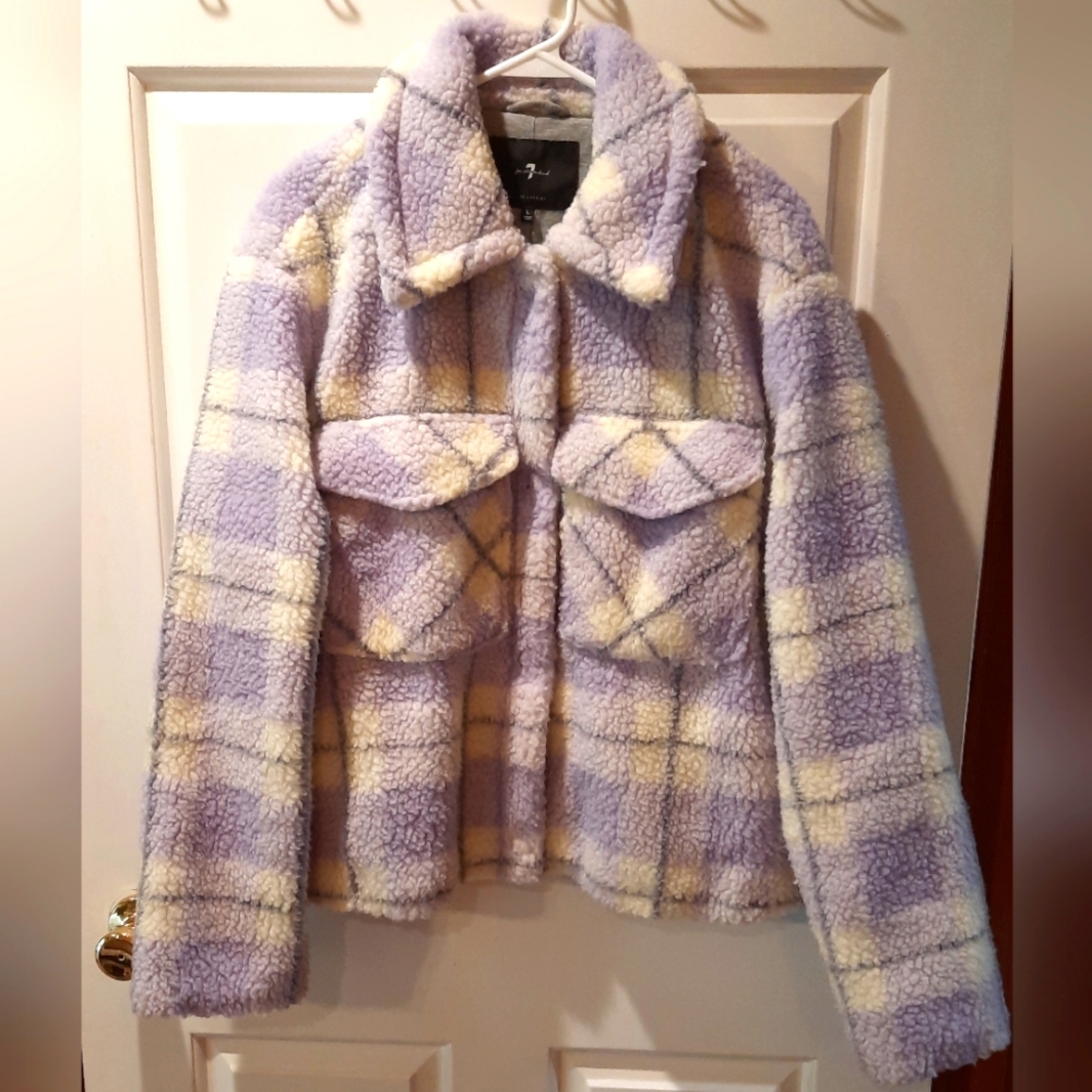 Plaid Sherpa Jacket in Purple and Cream